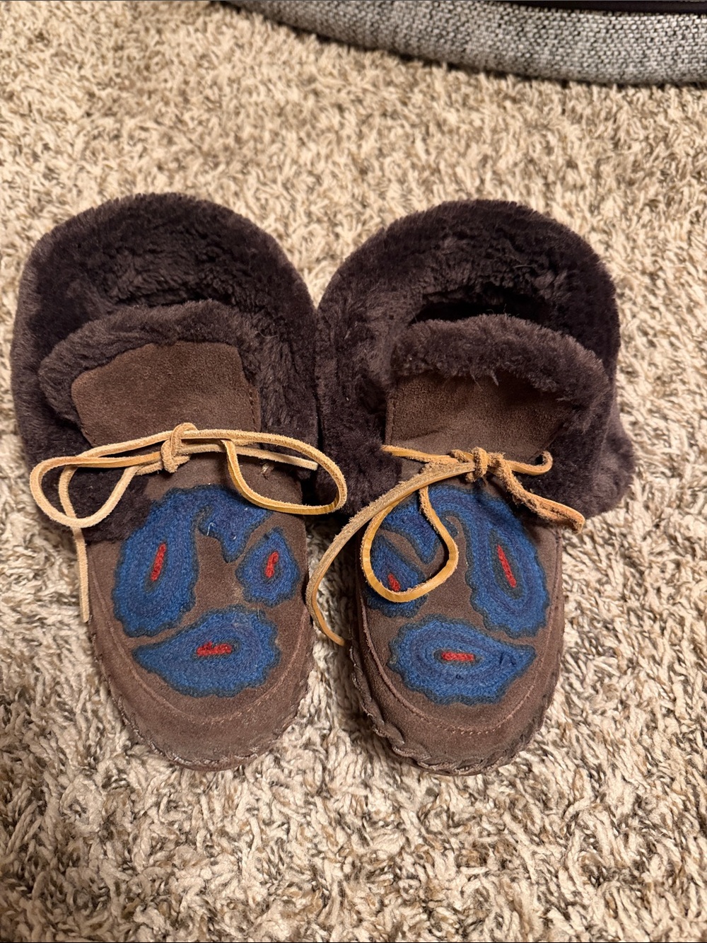 Lucky Brand Brown Suede Moccasins with Blue & Red Embroidery